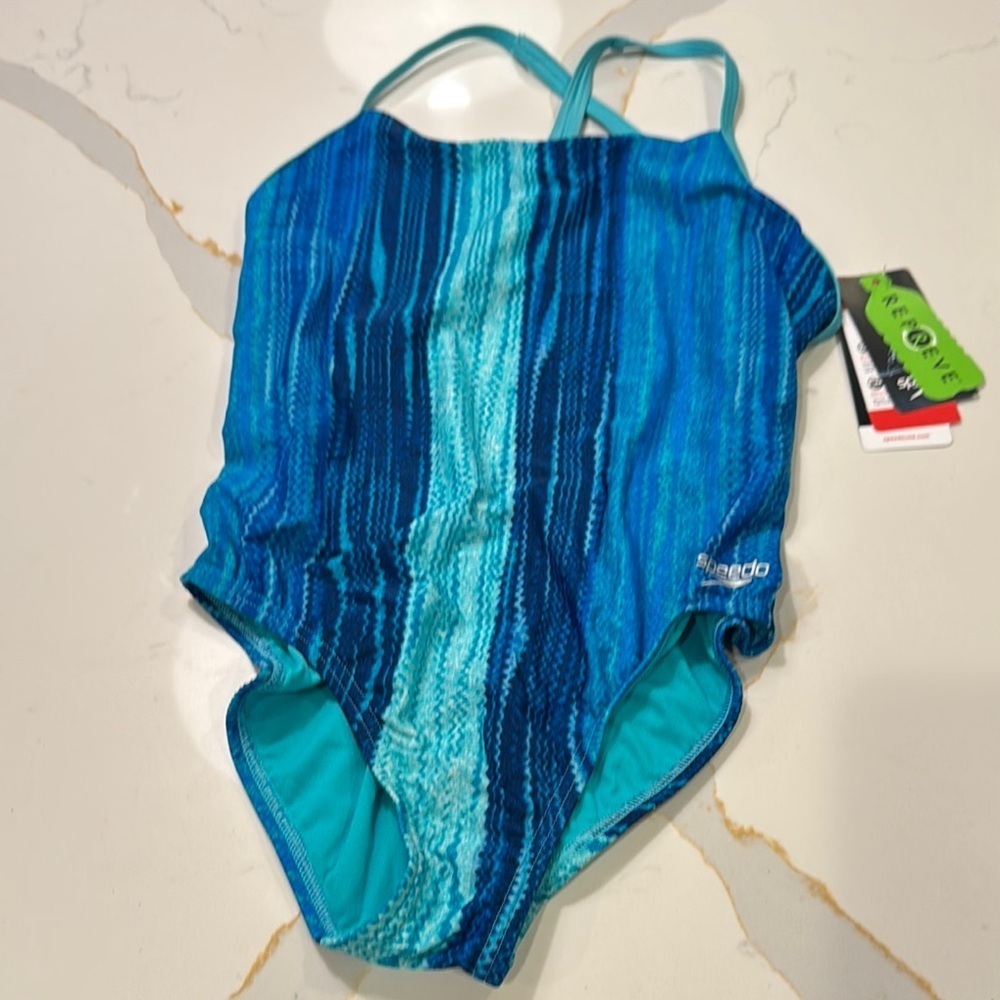Speedo Blue One Piece Swimsuit with Artistic Stripes